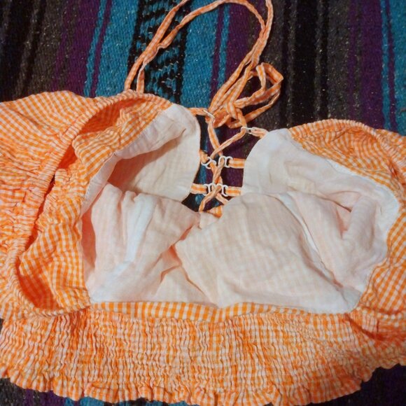 Sim & Sam Orange Gingham Peasant Crop Top S Milkmaid Cottagecore Lace-Up Back - Picture 6 of 8